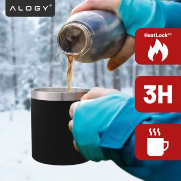 Thermobecher 420 ml mit Henkel und Deckel für Kaffee, Tee, Stahl, Kalt- und Heißgetränke, Alogy Black