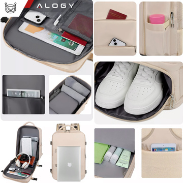 Damen-Reise-Laptop-Rucksack für Koffer, Gepäck, Flugzeug, Arbeit, Schule, 45 x 30 x 20 cm, Alogy Beige