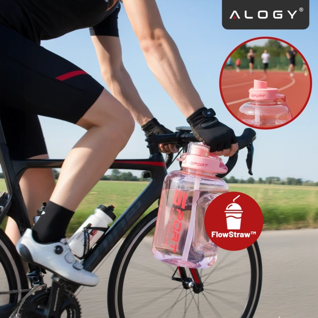Duża Butelka Motywacyjna na Wodę 1.7L Bidon Sportowy z Miarką, Uchwytem i Pokrywką 2w1 (Dzióbek + Słomka), Wygodna i Szczelna, Alogy Sport 1700ml – Różowa