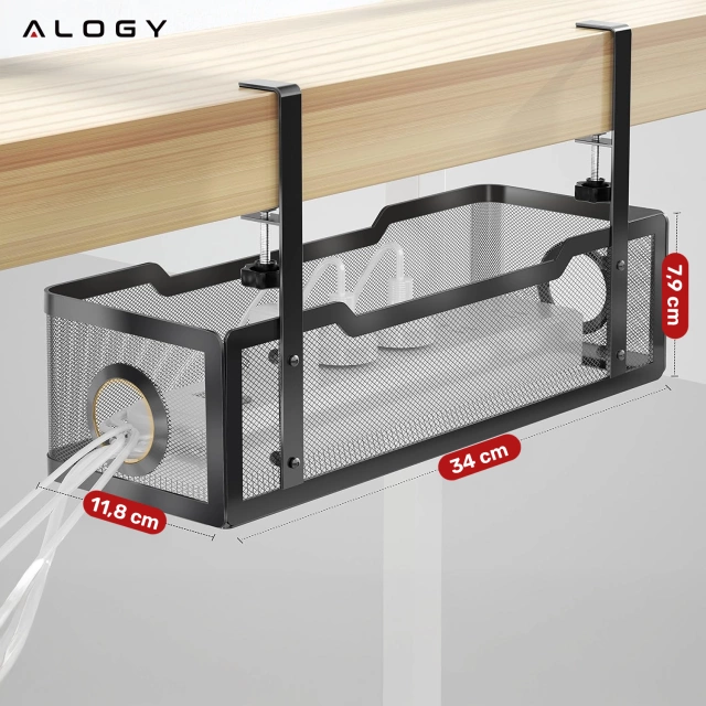 Organizer kabli pod blat półka na kable listwe przewody blat biurko biurkowy metalowy Alogy 34cm Czarny