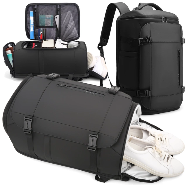 Plecak wodoodporny Bange 28L na laptopy do 17.3" – pojemny i wygodny, miejski i podróżny do pracy i samolotu, z wodoodporną kieszenią na kosmetyki i komorą na buty – Czarny