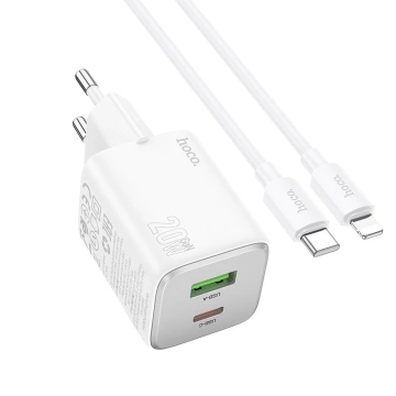 Ładowarka Hoco N41 GaN 20W USB-C + USB-A + Kabel USB-C Lightning Biała