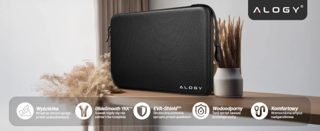 Torba na laptopa 13–14" do MacBook Air / Pro (M1 M2 M3 M4) – twarde etui ochronne Hard Foam, sztywna konstrukcja, ochrona przed uderzeniami i wilgocią – Alogy ShieldCase™ Czarna