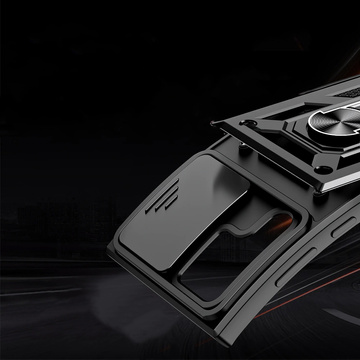 Gepanzerte Hülle mit Kameraabdeckung Alogy Camshield Stand Ring für Samsung Galaxy S22 Ultra schwarz