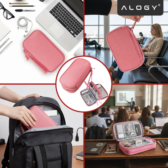Etui Podróżne na Akcesoria, Organizer na Kable, Ładowarki, Telefon i Powerbank, Wielofunkcyjne i Kompaktowe 21 x 12,5 x 5 cm, Alogy TravelPack™ – Różowe