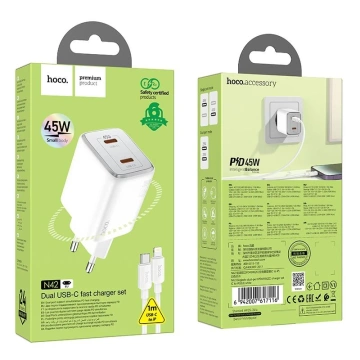 HOCO Wandladegerät 2 x Typ-C-Kabel Typ C zu Lightning PD QC 45W GaN Weiß