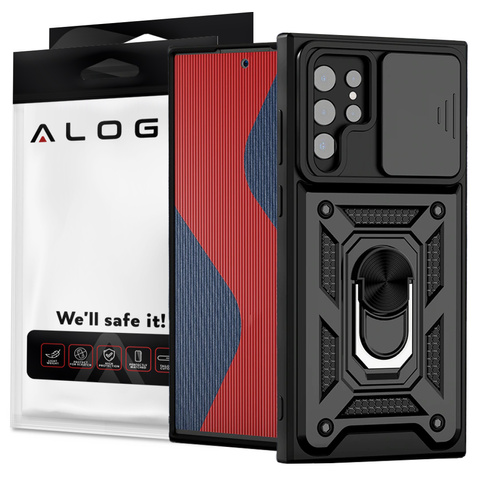 Gepanzerte Hülle mit Kameraabdeckung Alogy Camshield Stand Ring für Samsung Galaxy S22 Ultra schwarz