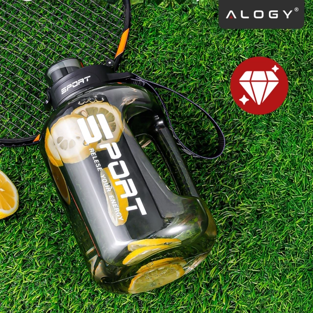 Duża Butelka Motywacyjna na Wodę 1.7L Bidon Sportowy z Miarką, Uchwytem i Pokrywką 2w1 (Dzióbek + Słomka), Wygodna i Szczelna, Alogy Sport 1700ml – Czarna