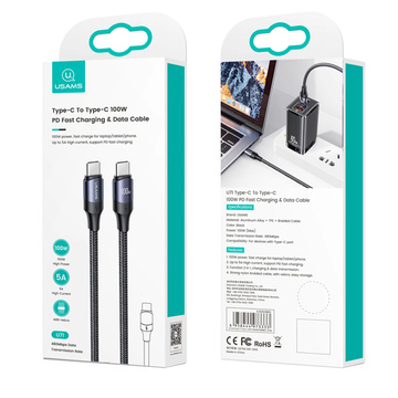 USAMS USB-C auf USB-C 100 W PD Schnellladung QC FCP 3 m schwarzes Kabel