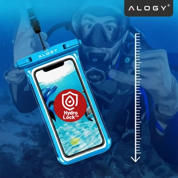 Etui Wodoodporne Uniwersalne IPX8 do Telefonów do 6.5", Wodoszczelna Ochrona na Plażę, Basen i Kajak, Dotykowy Front i Pasek na Szyję, Alogy HydroShield™ – Niebieskie