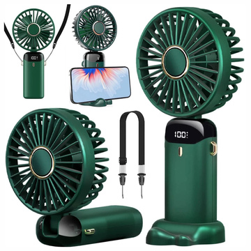 Wentylator Wiatrak Ręczny Bezprzewodowy, Przenośny i Biurkowy, z Uchwytem na Telefon, Ładowanie USB-C, Bateria 18650, Alogy CoolBreeze™ – Zielony