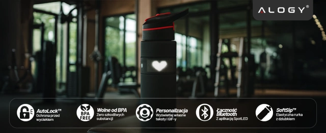 Butelka Bidon na Napoje LED, Inteligentna z Wyświetlaczem i Łącznością Bluetooth, Słomka, Motywacyjna, Wielokrotnego Użytku, Alogy FitBottle™ 800ml - Czarna