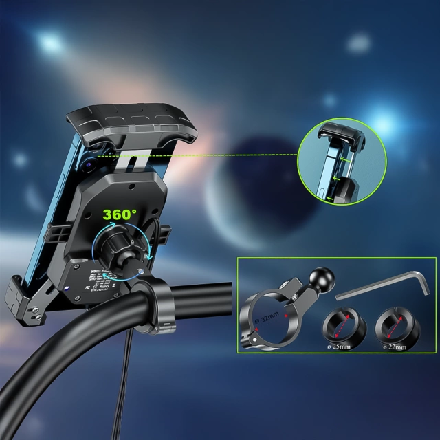 Uchwyt Motocyklowy na kierownicę KEWIG M14-A1 na telefon z ładowarką Qi + PD USB-C na motor quada skuter Czarny