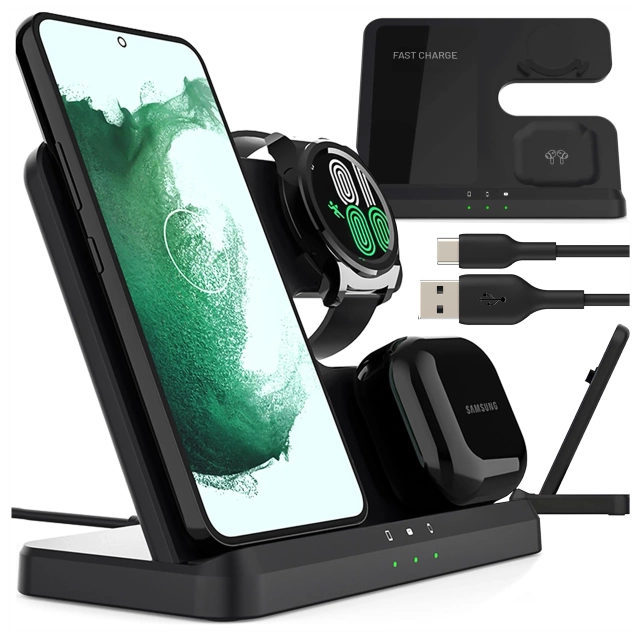 Ładowarka Bezprzewodowa Indukcyjna 3w1 Qi 3.0 Szybka do Samsung S22 S23 S24 S25 Galaxy Watch Buds Stacja czarna
