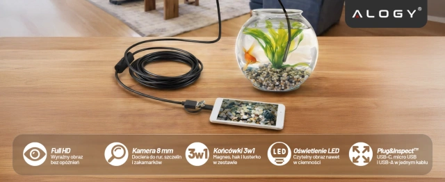 Kamera inspekcyjna endoskopowa micro USB + USB-C + USB Full HD 5m 8mm Endoskop Alogy Hard Wire