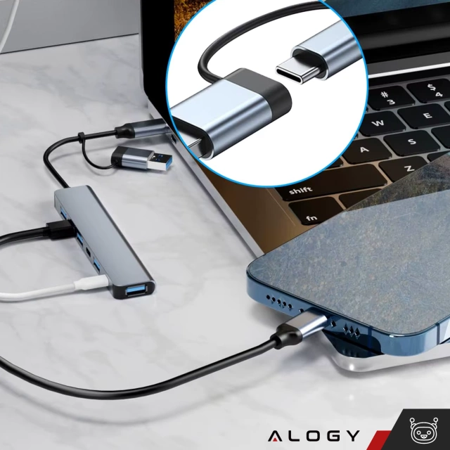 Adapter HUB 7w1 Alogy przejściówka USB-C / USB do USB 3.0 4x USB 2.0 2x USB-C 2.0