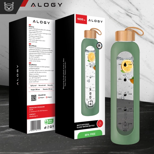 Butelka szklana duża bidon na napoje do picia Alogy Miarka motywacyjna 1l 1000ml etui silikonowe Oliwkowa