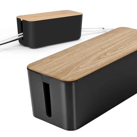 Organizer Pojemnik na Kable i Listwy, Pudełko Biurkowe i Podłogowe Rozmiar L, Estetyczne Wykończenie Drewno, Alogy CableBox™ – Czarny