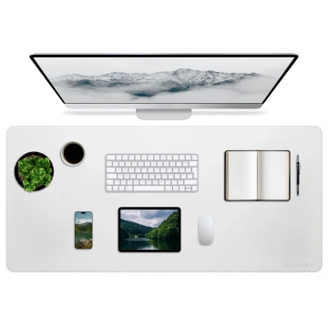 Schreibtischunterlage 90 × 45 cm – rutschfeste Schutzmatte aus elegantem PU-Kunstleder, für Maus und Tastatur, stilvoll und langlebig – Alogy WorkMat™ Weiß