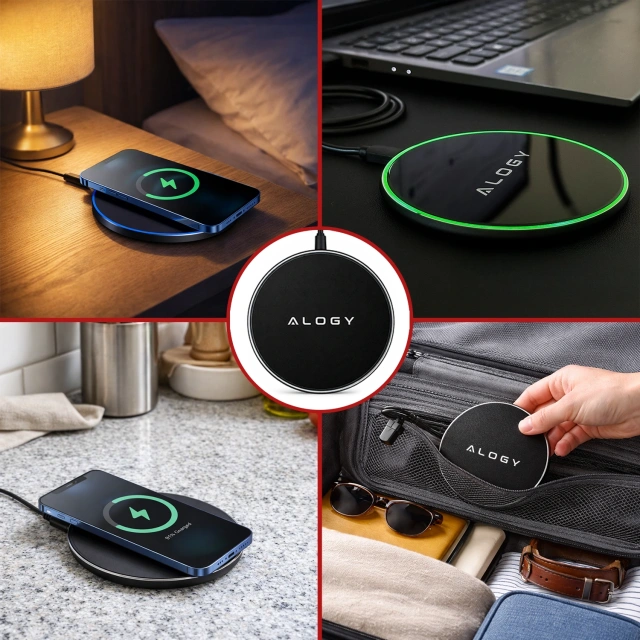 Ładowarka indukcyjna Ultra-Slim Qi 15W – bezprzewodowa, szybkie ładowanie z podświetleniem LED, okrągła do iPhone Samsung, w zestawie kabel USB-C – Alogy SlimCharge™ Czarna