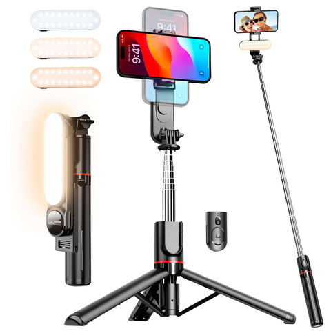 Kijek Selfie Stick uchwyt do telefonu zdjęć statyw Tripod L15 z Lampa LED + Pilot Bluetooth na telefon Czarny