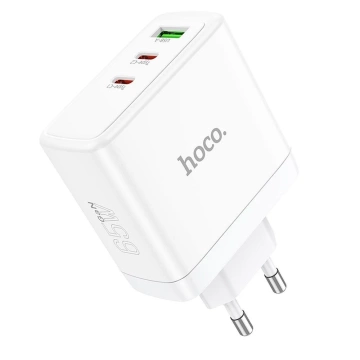 HOCO 2 x Typ C USB A QC PD 65W GaN Wandladegerät Weiß