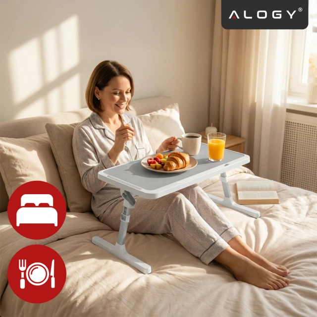 Stolik składany regulowany 60×35 cm – biurko na laptopa z szufladą i portem USB, składane nogi, stabilna konstrukcja do pracy i nauki – Alogy FoldDesk™