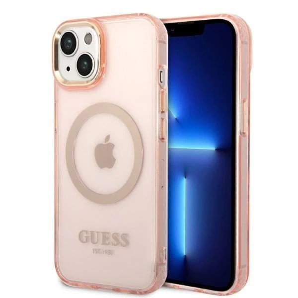 Etui Guess GUHMP14SHTCMP für Apple iPhone 14 6,1" różowy/pink Hard Case Gold Outline Translucent MagSafe