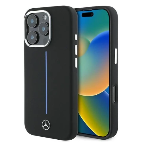 Mercedes Hülle für iPhone 16 Pro Max 6,9" Hardcase Silikon Blue Stripe MagSafe Schwarz