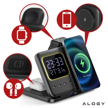 Kabellose Schnellladestation 5-in-1 mit LED-Uhr, 15 W, USB-C auf MagSafe für Apple iPhone, Watch und AirPods, inklusive Uhr und Hygrometer, Schwarz