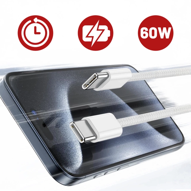 Oryginalny kabel Apple A2795 do ładowania USB-C 1m 60W do iPhone 15 / 16 Szybkie ładowanie Biały