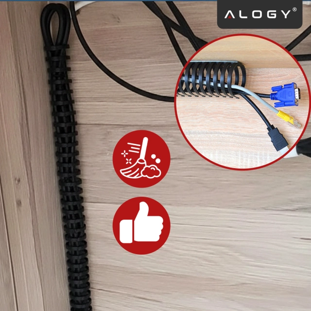 Sprężynowy organizer na kable pod biurko – elastyczna maskownica 50×4 cm, samoprzylepna, do porządkowania przewodów – Alogy CableStrip™ Czarny