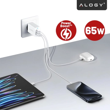 Ładowarka Sieciowa Szybka 3w1 do telefonu samsung iphone GaN3 65W PD i QC, Porty 2x USB-C 65W + USB-A 30W, Alogy GaNCharge Compact™ – Biała