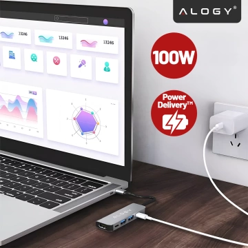 Hub 5w1 USB-C do USB-C PD100W, USB-C, USB.A 2.0, USB.A 3.0, HDMI 4K 30Hz / 1080p 60Hz – Alogy MultiHub™ Do Notebooka Laptopa