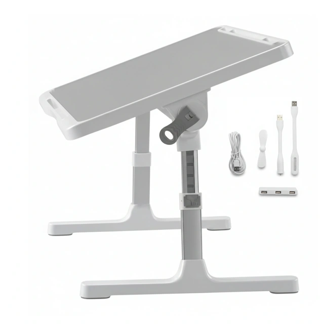 Stolik składany regulowany 60×35 cm – biurko na laptopa z szufladą i portem USB, składane nogi, stabilna konstrukcja do pracy i nauki – Alogy FoldDesk™