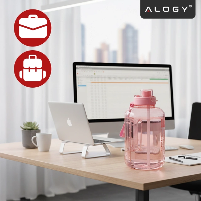 Duża Butelka Motywacyjna na Wodę 1.7L Bidon Sportowy z Miarką, Uchwytem i Pokrywką 2w1 (Dzióbek + Słomka), Wygodna i Szczelna, Alogy Sport 1700ml – Różowa
