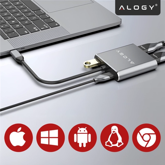 Adapter HUB 4w1 Alogy przejściówka USB-C do 2x HDMI USB 3.0 USB-C szybkie ładowanie PowerDelivery PD 100W