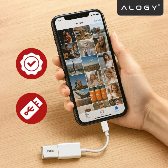 Przejściówka Adapter USB OTG USB-A 3.0 do Lightning, Kabel do iPhone i iPad, Obsługa Pendrive, Szybki Transfer Danych, Alogy OTGLink™ – Biały