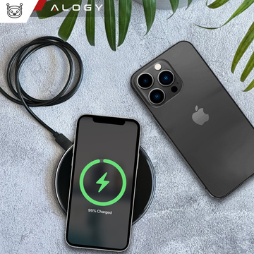 QI kabelloses induktives Ladegerät 15 W schnelle LED Alogy rund für iPhone USB-C-Kabel Schwarz