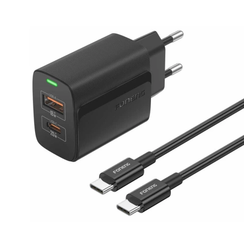 Ładowarka Foneng EU66 USB-C + USB-A 20W QC3.0 PPS FCP LED Czarna