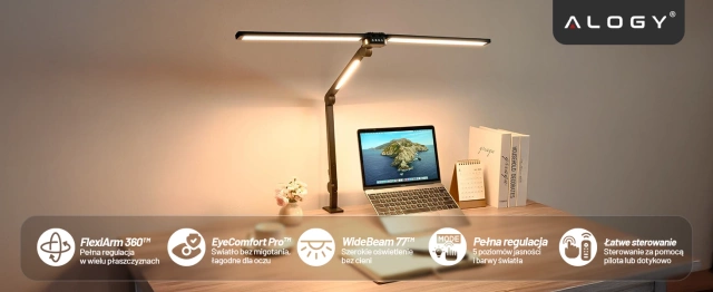 Lampa Biurkowa LED do Monitora ze Składaną Konstrukcją, z potrójnym oświetleniem, Regulowaną Jasnością, z Mocowaniem do Blatu, Ochrona Oczu, Alogy SmartDesk™ – Czarna