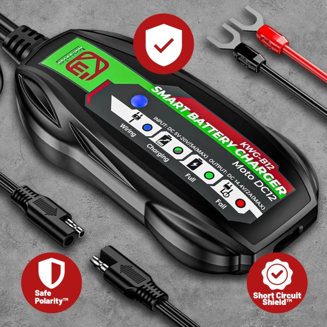 Ładowarka do Akumulatorów Motocyklowych Kewig B12 – Prostownik Mini z Podłączeniem do Akumulatora, USB-C z Gniazdka lub Powerbanku, Inteligentna z Zabezpieczeniami