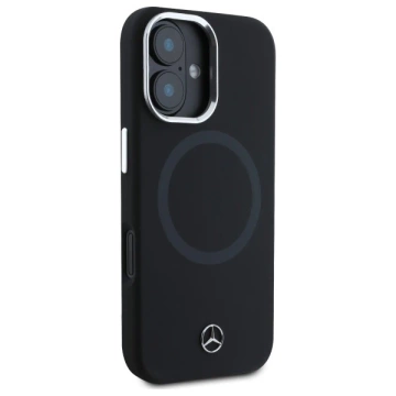 Mercedes-Hülle für iPhone 16 6,1 Zoll, schwarzes Hardcase, Ton-in-Ton-Logo aus Silikon, MagSafe
