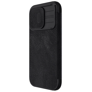 Skórzane etui z klapką osłoną aparatu do iPhone 15 Pro Max Nillkin Qin Pro Leather - czarne