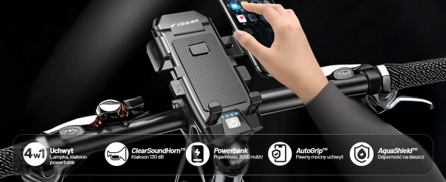 Uchwyt rowerowy na telefon 4w1 lampka LED T6 przednia dzwonek klakson na rower Powerbank 3000mAh czarny