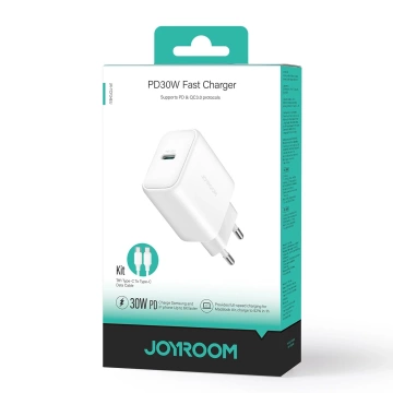 Joyroom USB-C PD 30 W QC SFC Netzwerk-Ladegerät – weißes USB-C-Kabel 1 m