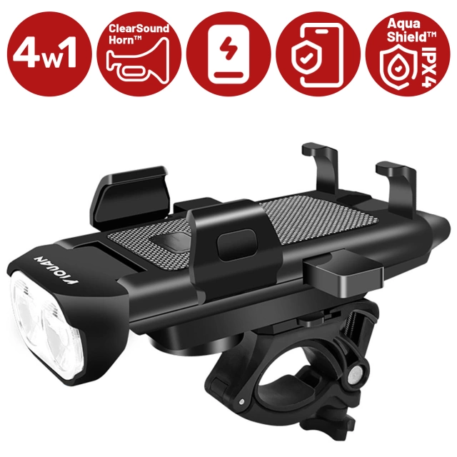 Uchwyt rowerowy na telefon 4w1 lampka LED T6 przednia dzwonek klakson na rower Powerbank 3000mAh czarny