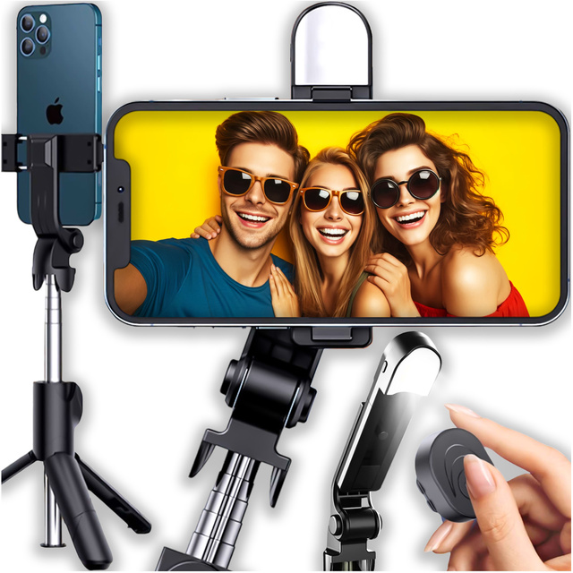 Kijek Selfie Stick Tripod Statyw LED Pilot Bluetooth Uchwyt do telefonu z lampką LED kij wysięgnik 95cm czarny