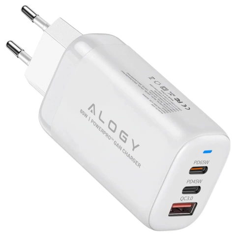Ładowarka Sieciowa Szybka 3w1 do telefonu samsung iphone GaN3 65W PD i QC, Porty 2x USB-C 65W + USB-A 30W, Alogy GaNCharge Compact™ – Biała