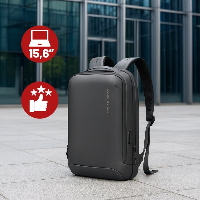 Plecak na Laptopa 15.6" Mark Ryden, Wodoodporny, Lekki i Smukły, Podróżny z Wyjściem USB, Kieszenią na Karty i Zamkiem YKK, Materiał EVA, 14L (42×30×12 cm) – Czarny